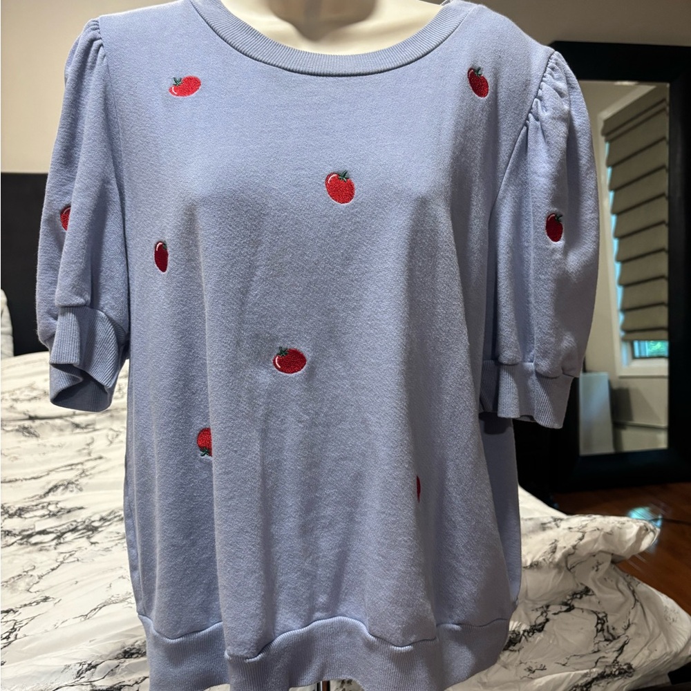 T.La Blue Sweatshirt with Red Tomato Embroidery from Anthropolgy ladies XL